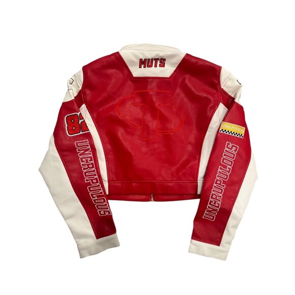 REV IT UP RACING MOTO IN RED Muts Ungenerous Studios faux Leather Racer Jacket W - Picture 5 of 6